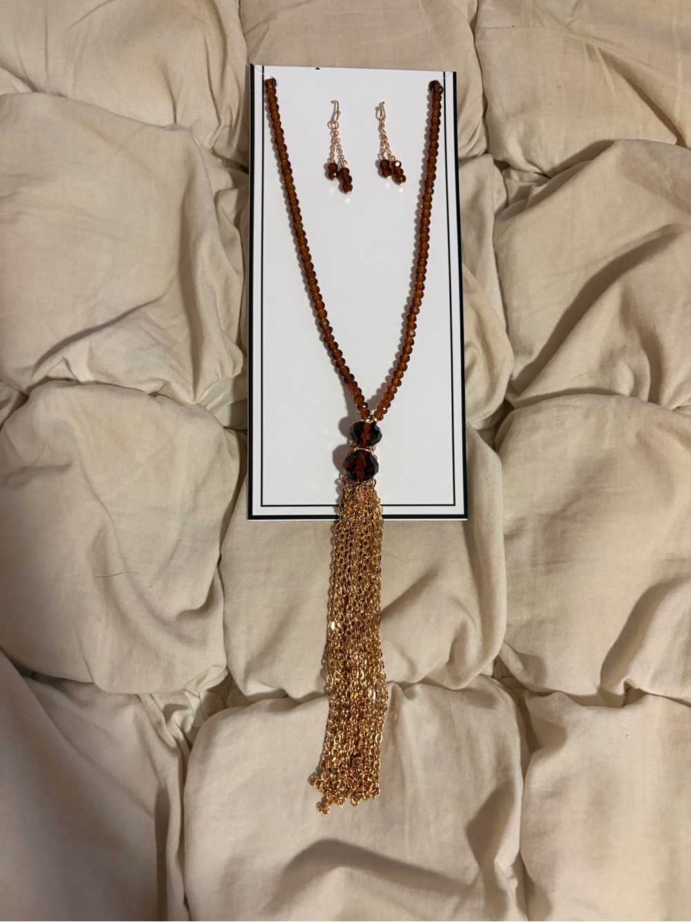 Anthropologie Brown Beaded Tassel Necklace and Earring Set